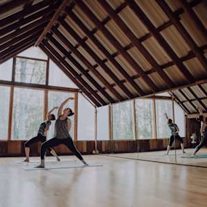 The yoga studio has enough room for a good-sized group.