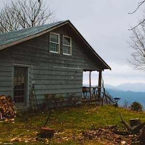 Outside the cabin overlooking the mountains.