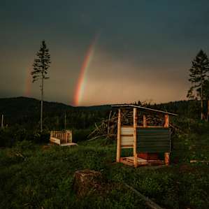 Sunrise + rainbows over the toilet with a view.