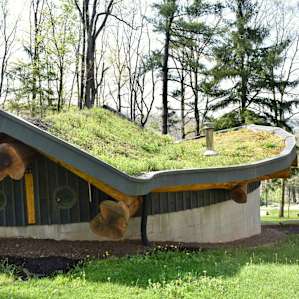 The communal buildings have living roofs.
