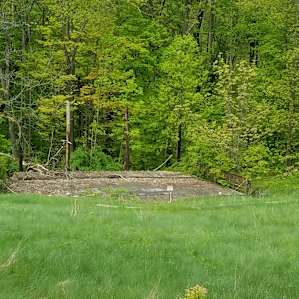 Old broken-down stage near the woods.