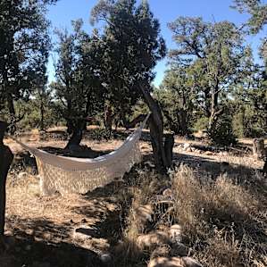 Outdoor area in front of cabin with hammock, fire pit, and picnic table