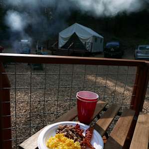 Breakfast on the deck with the morning fog lifting