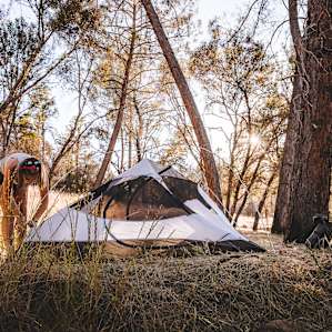 Setting up camp on the super flat tent space provided