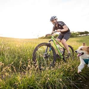 Doggone happy. Riding the connector trail from our campsite to the main network at Darling Hill. Dogs under voice control are allowed on the trails Mondays through Friday, but not on the weekends. Plan accordingly if you've got a pupper!