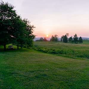 Campsite under the trees, watching the sunset