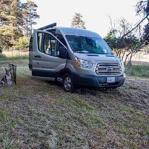 Our quiet camp spot. The dogs didn't mind being penned to keep them from bothering any farm animals.