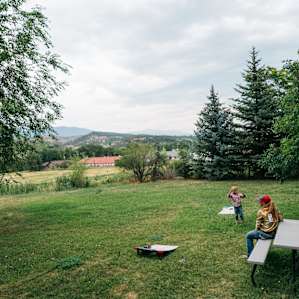 There is a nice backyard, where customers from the diner made use of the yard games