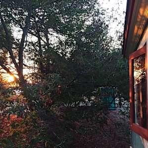 Sunrise on the tiny house windows.