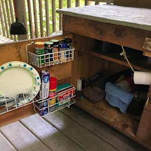 The platforms are fully stocked with everything you need to cook camp meals.