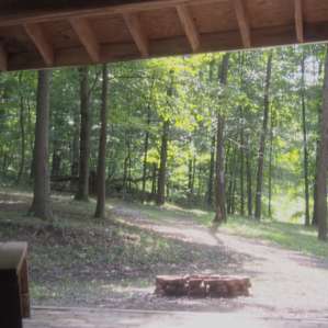 Looking out the front of the pavilion from our tent. We set up tent under the pavilion for the night due to rain.