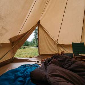 From inside the canvas tent