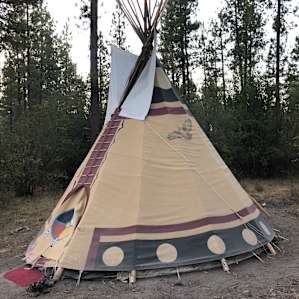 Here is the tipi- lots of funny memories! Especially the chipmunk that would come in after we left and took it upon himself to check out all the new stuff!