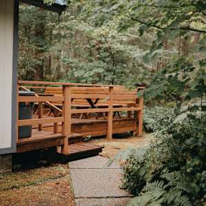 Through the back of the cabin, the spacious deck.