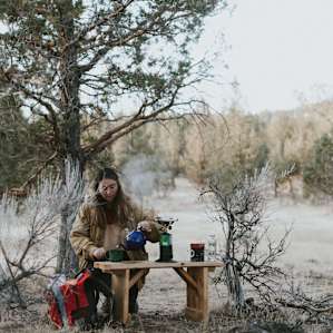 bench and making tea in camp area