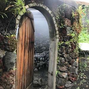 entering into one of the two gorgeous stone sauna rooms