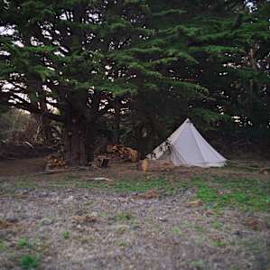 Simple open-bottom teepee camp under the trees.