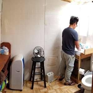 Shower, sink, toilet