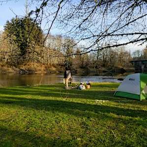 The spot closest to the bridge is on an open meadow. Best views and easiest river access. Was a perfect spot to fly fish from.