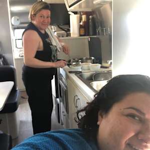 Cooking breakfast (farm fresh eggs and coffee) in the airstream