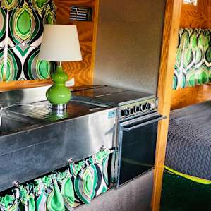 The kitchen area inside the trailer