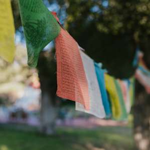 There are prayer flags throughout the property.