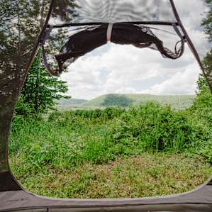 Interior tent view of the valley below the Ziegenvine Homestead, tent site #1.