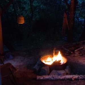 Fire pit under shelter.