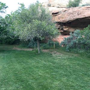 Tent camp right next to a rock where early settlers carved their name.
