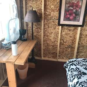 Wood cabins or tent sites.