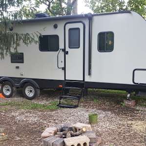 Our 27ft camper all backed in and getting set-up!