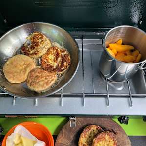 When you leave the homemade pancake mix at home, make French toast with English muffins and stewed peaches!