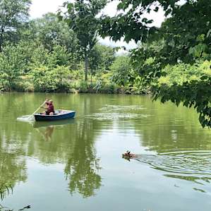 One of the paddle boats available to guests, kayaks and canoes are also available.