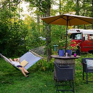 The red bus are fellow hip-campers using the vehicle site in the front of the house, but I'm enjoying the communal area perfect for a hang in the evening.