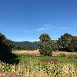 View of the pond and surrounding mountains.