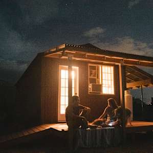 The cabin at night... made for a great place to eat dinner.
