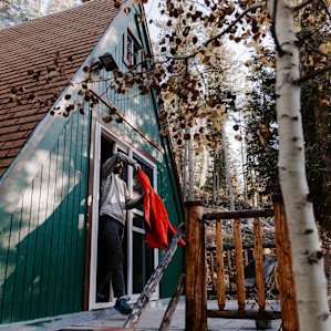 Walking out into the brisk mountain air.