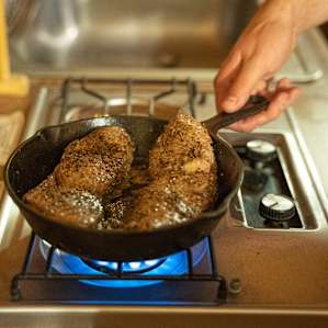 The stove at the cabin makes cooking easy.