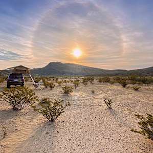 Our campsite near the “moon rocks” with a halo around the sunrise