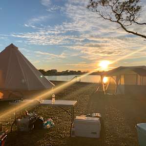 Morning view of our campsite right on the water