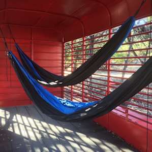 you will find cool stuff like this all over the grounds: hammocks in a horse trailer.