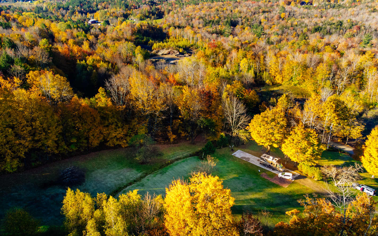 Golden autumn trees surrounding Golden Maple Farm in Vermont