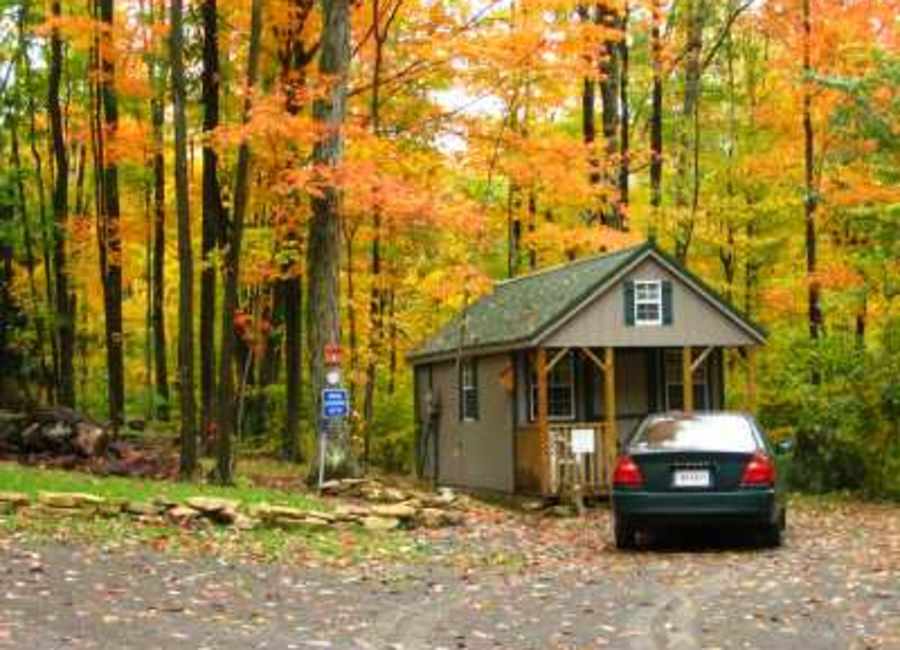 Cabin among vivid yellow and orange leaves at Abrams Creek in West Virginia