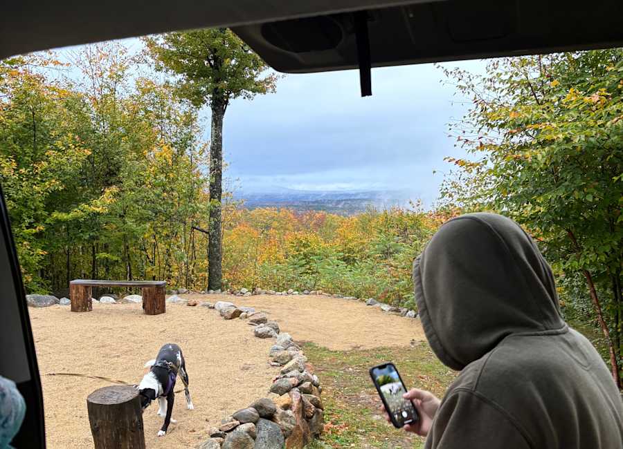 Mountain ridges covered in autumn color at Sacred Nectar Sanctuary in New Hampshire