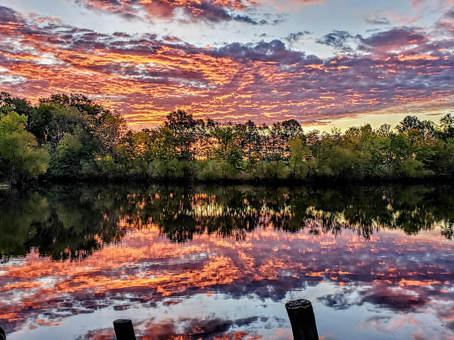 Fiery orange and purple sunset clouds reflected in a still lake bordered by trees