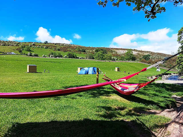 Cream bell tent pitched near riverbank beside blossoming hawthorn tree and green hills