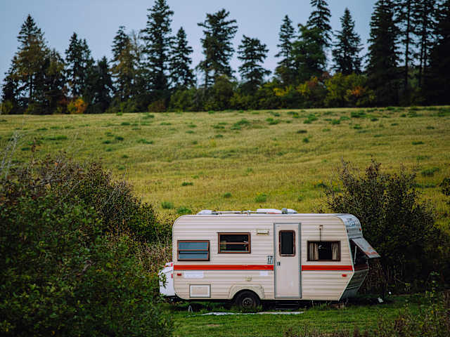 Vintage cream and orange trailer parked in a grassy field bordered by evergreen trees