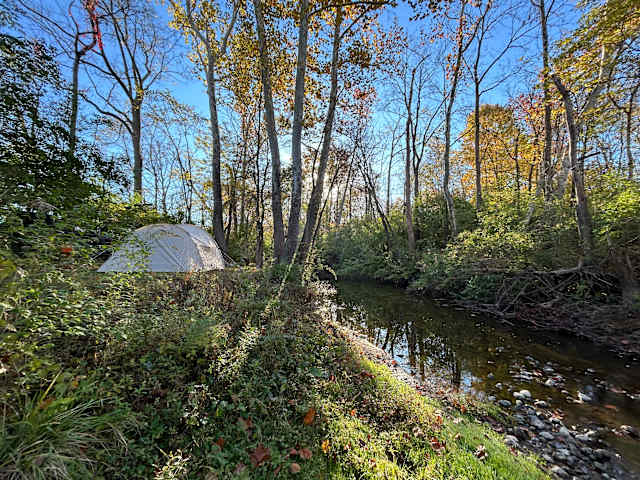 White tent pitched beside a quiet creek lined with golden autumn trees under a blue sky