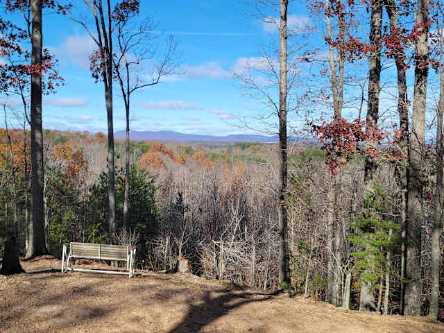 Wooden bench overlooking layered autumn forest and distant blue mountains under clear sky