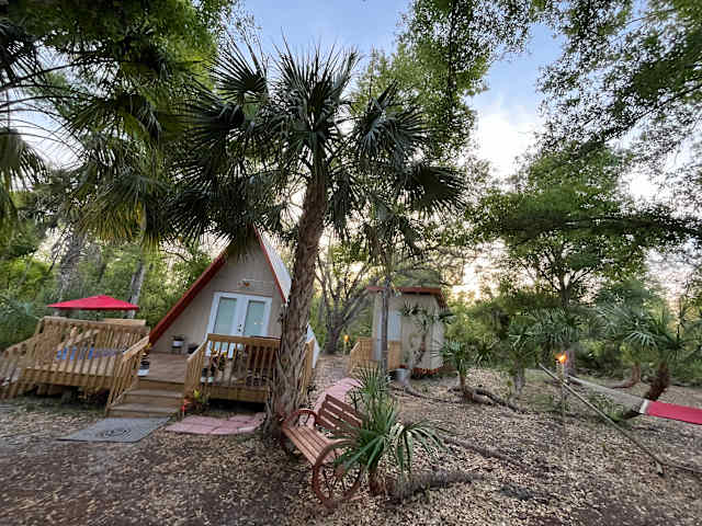 A-frame cabin with red trim and wooden deck surrounded by palm trees and forest under blue sky